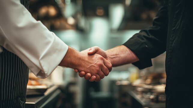 Two chefs shaking hands in a professional kitchen, showcasing collaboration and teamwork, with cooking equipment and a bustling environment in the background, emphasizing culinary partnership - Powered by Adobe