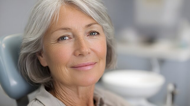 A senior woman with gray hair sitting on a dental chair, Closeup portrait