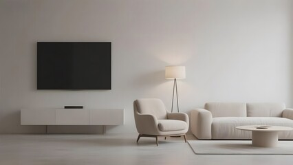 Modern minimalist living room with a sleek sofa, armchair, and flat-screen TV