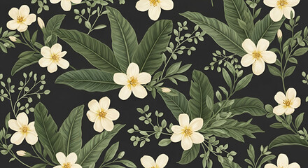 Seamless Floral Pattern with White Flowers and Green Leaves on Dark Background
