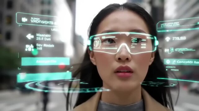 Woman using AR glasses in city.