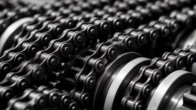 Closeup of industrial roller chains and gears monochrome