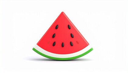 A sweet and juicy slice of red watermelon with seeds, 3d icon design, perfect for a refreshing summer snack, isolated on a white background