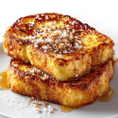 Stack of Golden French Toast with Coconut and Maple Syrup Drizzle