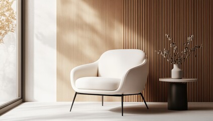 A minimalist living space featuring a stylish armchair, a side table with a vase, and a textured wooden wall.