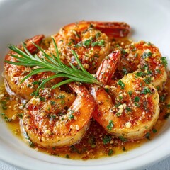 Delicious Garlic Shrimp Scampi with Rosemary in a White Bowl Close Up
