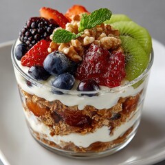 Delicious Fruit Parfait with Yogurt, Granola and Fresh Berries in Glass
