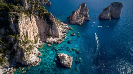 Aerial view of Faraglioni rocks, Capri Island, Italy