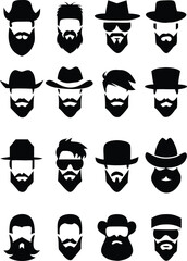 Vector art of collection of diverse male facial hairstyles and hat styles, isolated on white background