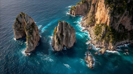Aerial view of Faraglioni rocks, Capri Island, Italy
