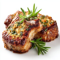 Delicious Grilled Pork Chops with Garlic and Rosemary Garnish on White