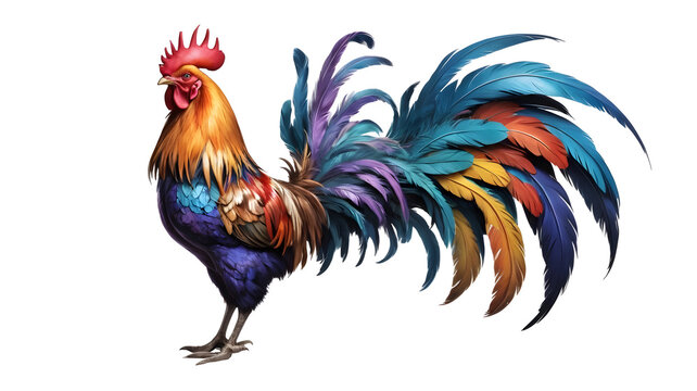 Vibrant multicolored rooster with striking tail plumes, red comb and wattle, standing on ground with open beak and detailed feathers in natural ligh