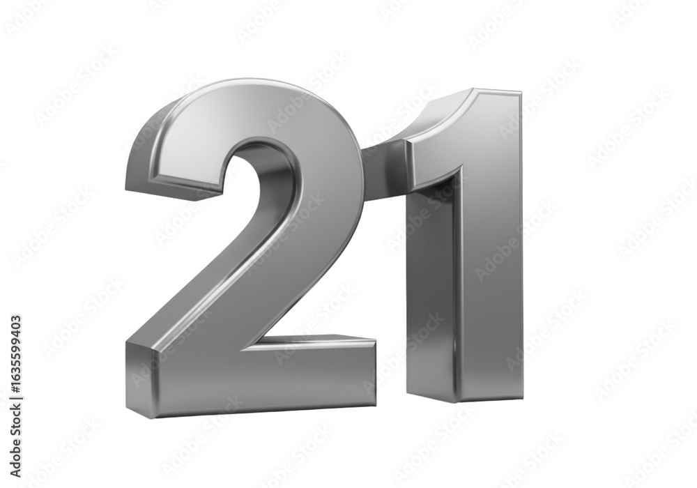 Aufkleber three-dimensional shiny silver number twenty-one isolated on transparent background