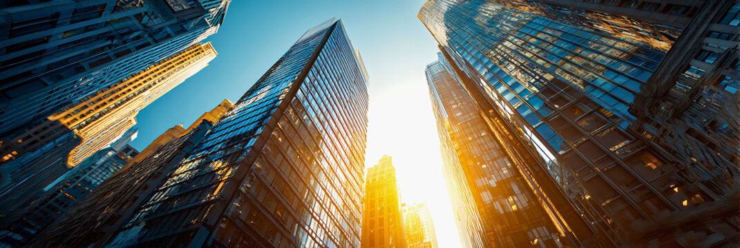 Towering modern skyscrapers reaching towards a bright sunlit sky in a bustling urban cityscape
