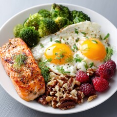 Healthy Breakfast Plate with Salmon, Eggs, and Broccoli
