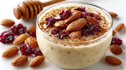Healthy Breakfast Bowl with Almonds, Cranberries and Cinnamon Powder
