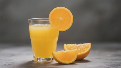 A glass of fresh orange juice garnished with a slice of orange, accompanied by halved oranges on a neutral background.