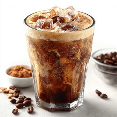 Iced Coffee Drink with Coffee Beans and Powder on White Background