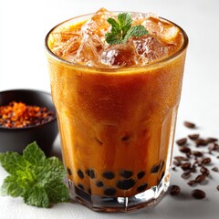 Iced Thai Tea with Boba, Mint, and Coffee Beans on White Background
