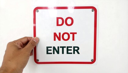 Hand touching a white sign with red border
