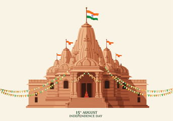 Obraz premium Ornate Hindu temple illustration with carved shikharas decorated with the Indian flag and tricolor bunting for a national celebration.