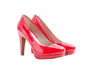 Elegant red patent leather high heels fashion shoes, Isolated On White Background, Png Transparent