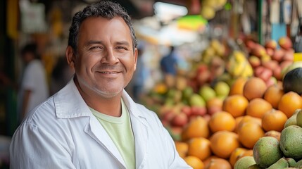 Man selling fruit in stand a market with sweet smiling