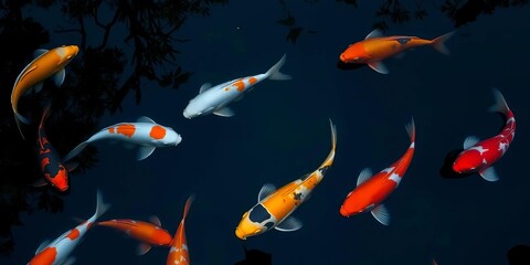 Koi fish patiently await food in a dark, serene pond,  garden,  fish