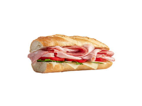 Delicious italian sub sandwich on fresh bread, Isolated On White Background, Png Transparent