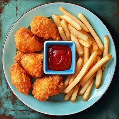 Plate with fried chicken and French fries, with a blue square saucer in the middle and ketchup
