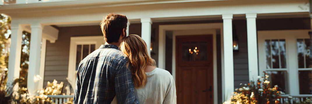 Couple standing in front of their new suburban home looking at the front door and porch