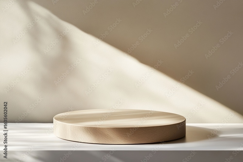 Poster a minimalistic wooden platform sits on a white surface, illuminated by soft light, creating a serene
