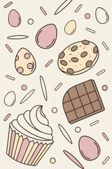 Seamless pattern with Easter candy, cookies, cupcakes, and confetti





