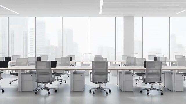 Modern office interior with rows of desks and chairs