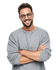 Smiling young man with crossed arms and glasses isolated on transparent background