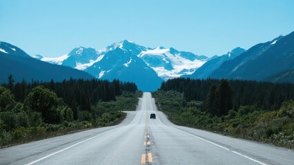 Fototapeta premium A road stretches into the distance, with a vehicle driving on it. The background features majestic snow - capped mountains and lush forests, showcasing the magnificent nature and travel mood.