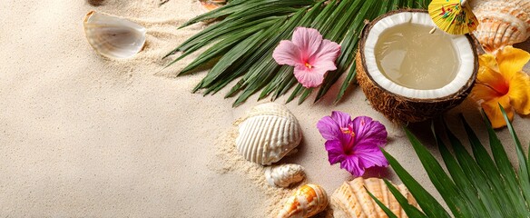 Beach accessories, palm leaves, seashells, flower and an exotic coconut cocktail on sand, top view