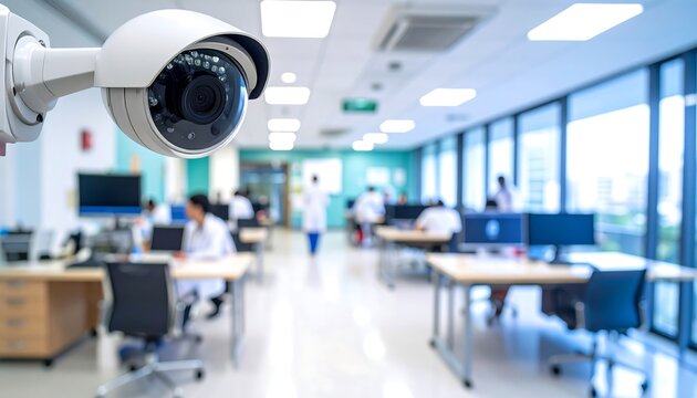 Security camera in a medical office. Blurred figures of medical personnel in the background