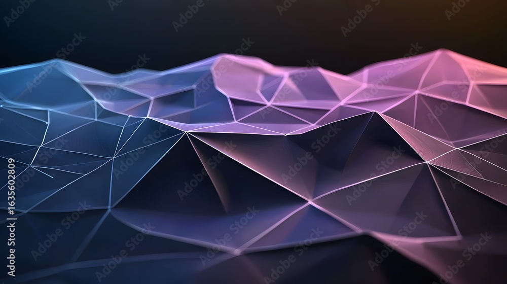 Poster the image showcases a low poly style abstract landscape with a blend of blue and pink hues, creating