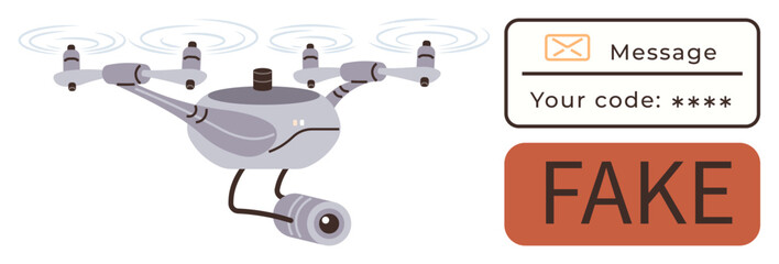 Flying surveillance drone with camera, code verification message, and fraud alert label. Ideal for cybersecurity, fraud prevention, data breach, digital safety, phishing, scam detection simple flat