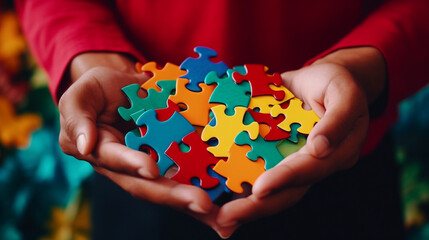 Photo of hands holding a pile of colorful autism awareness puzzle pieces