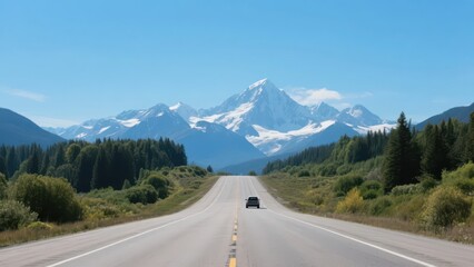 Fototapeta premium A road stretches into the distance, with a vehicle driving on it. The background features majestic snow - capped mountains and lush forests, showcasing the magnificent nature and travel mood.