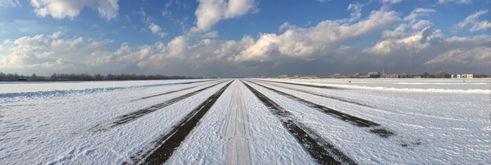 Snowy Airstrip Surrounded by Clouds and Blue Sky During Winter Afternoon