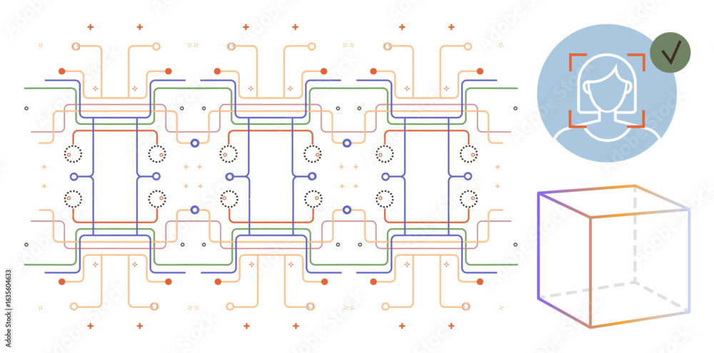 Poster circuit network intertwined with face validation, geometric cube. ideal for ai, innovation, security