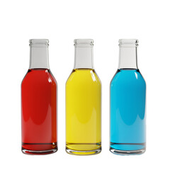 Three Colorful Bottles of Liquid with Clear Glass on Transparent Background Illustration