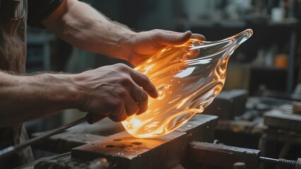Craftsman shaping molten glass with skilled hands in a workshop setting