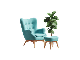 Fototapeta premium Teal armchair and ottoman set with fiddle leaf fig plant, Isolated On White Background, Png Transparent