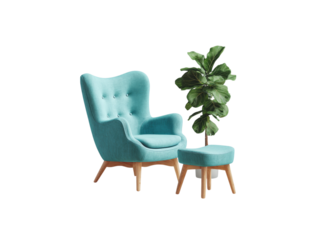 Teal armchair and ottoman set with fiddle leaf fig plant, Isolated On White Background, Png Transparent