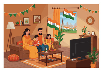 Happy Indian family in traditional clothes watching a patriotic parade on TV at home celebrating a national holiday together.