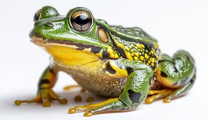 Fototapeta premium A vibrant green frog with distinctive yellow and black markings, posed against a white background, showcasing its unique features and textures.